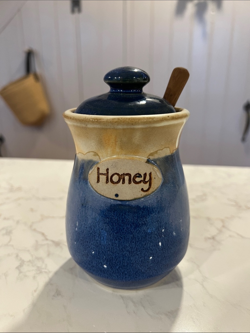 Handmade Blue Ceramic Honey Jar, Lid and Dipper, Homestead Pottery, Waco, Texas